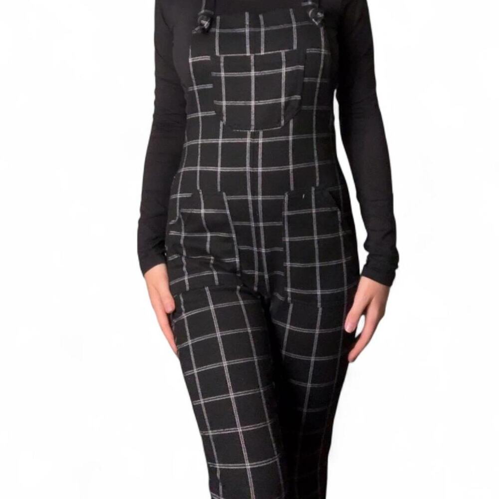 Black and White Plaid Slim Overall Jumpsuit